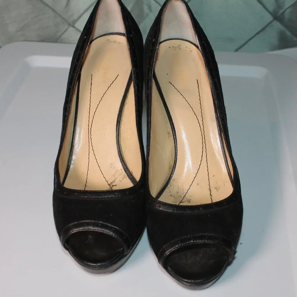 Kate Spade Black Patent Leather Suede Women's Heel‎ open toe Italy Sz 9B *SH